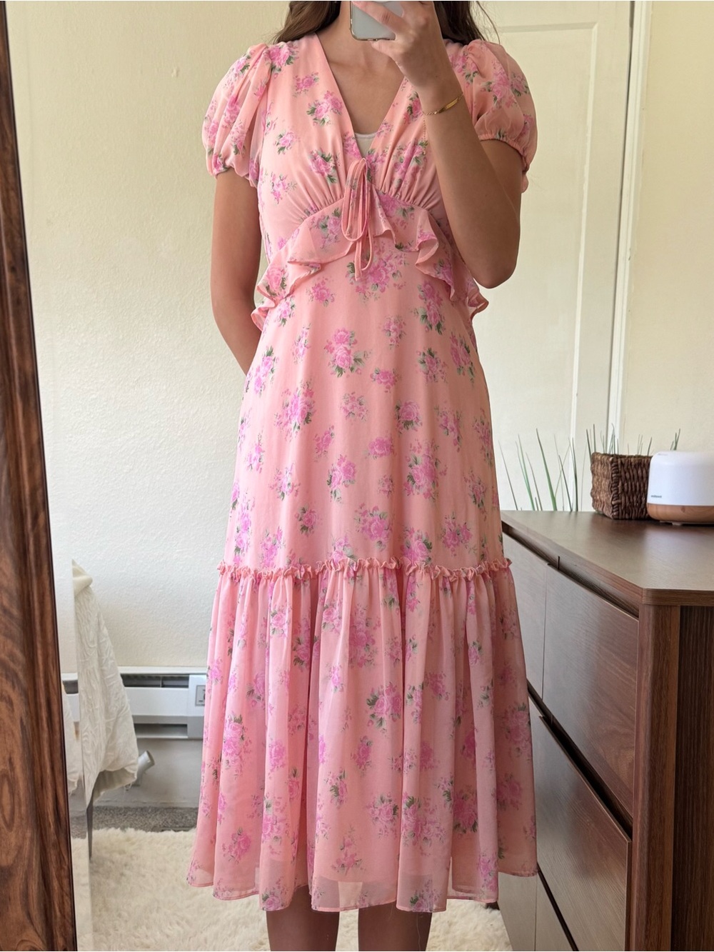 LoveShackFancy for Target Floral Midi Dress Women’s Size 4 Pink Puff Sleeve